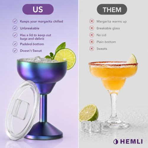 Hemli Insulated Margarita Glass, Cocktail Tumbler with Lid, Stainless Steel Vacuum Insulated, Keeps Drinks Cold for 12 Hours