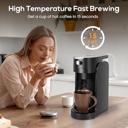 SOPPY Single Serve Coffee Maker for K Capsule, 3 Seconds Instant Hot with Adjustable Temperature Control, Dual Brew Modes, Transparent Water Tank & Removable Stand, Fast Brewing Coffee Machine, Black
