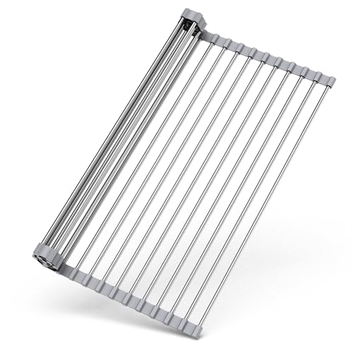 Sooseuo Roll Up Dish Drying Rack Over Sink, 17" x 15.7", Stainless Steel with Non-Slip Silicone Ends, Gray