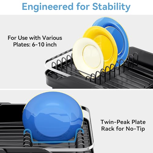 Urackify Dish Drying Rack for Kitchen Counter, Expandable Stainless Steel Dish Racks with Adjustable Water Spout, Space Saving Dish Drainer with Cutlery Holder,16.14"-23.62" L x 12.99" x 8.78",Black