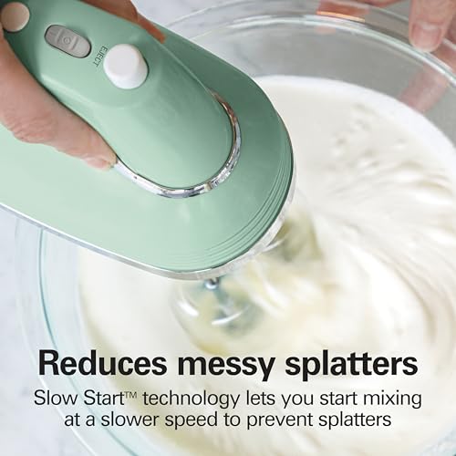 Hamilton Beach Vintage-Style 5-Speed Electric Hand Mixer, Powerful 1.3 Amp DC Motor for Effortless Mixing & Consistent Speed in Thick Ingredients, Slow Start, Beaters and Whisk, Green (62601N)