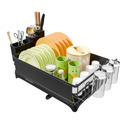 Simple Trending Dish Drying Rack, Space-Saving Large Dish Rack for Kitchen Counter, Anti-Rust Dish Drainer with Cutlery & Cup Holders, Black