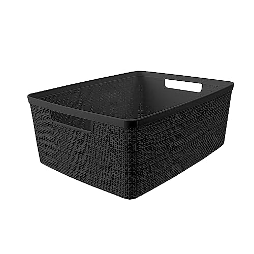 Curver Set of 6 Medium 12L Jute Decorative Plastic Organization and Storage Baskets - Perfect Bins for Home Office, Closet Shelves, Kitchen Pantry and All Bedroom Essentials, Black