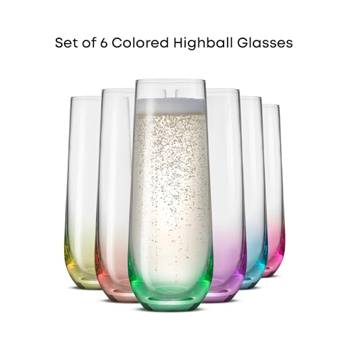 JoyJolt Hue Stemless Champagne Flutes Set of 6 Colored Glasses, 9.5oz Cocktail Glass Set for Mimosa, Stemless Champagne Glasses, Prosecco Wine Flute, Bar Glassware