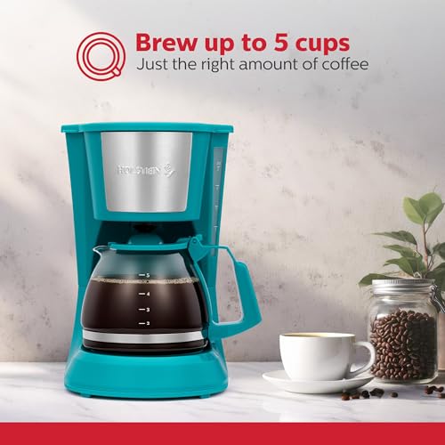 Holstein Housewares 5 Cup Drip Coffee Maker – Compact and User-Friendly with Auto Pause & Serve, Reusable Filter, Measuring Spoon & Glass Carafe, Office & Dorm Use, Teal