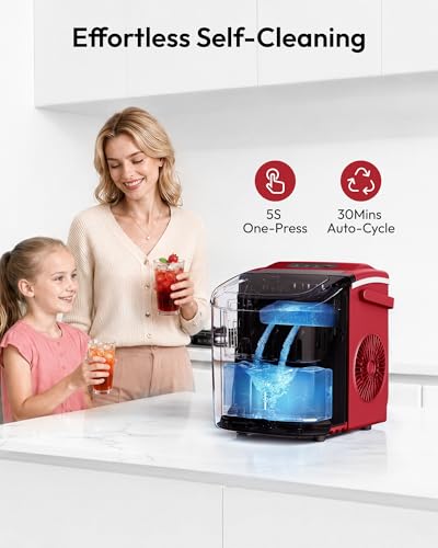 EUHOMY Countertop Ice Maker Machine with Handle, 26lbs Per Day, 9 Ice Cubes Ready in 6 Mins, Auto-Cleaning Portable Ice Maker with Basket and Scoop, for Home/Kitchen/Camping/RV (Red)