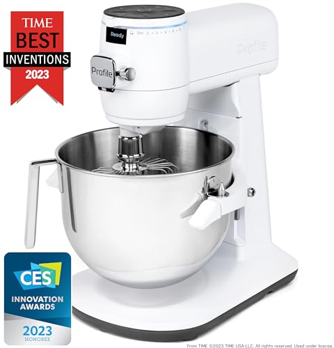 GE Profile Smart Stand Mixer w/Built-In Smart Scale & Auto Sense Technology, 7qt Stainless Steel Bowl, 11 Speed l Dough Hook, Beater, 11-wire whip l works w/Amazon Alexa & Google Home l Stone White