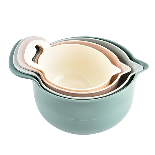 Mixing Bowls - 4 Piece Nesting Plastic Mixing Bowl Set with Pour Spouts and Handles - Non Slip Bottom and Measurement Markings (Light Green)