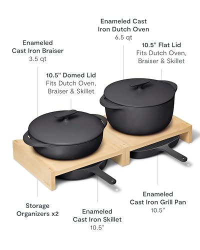 Caraway 8-Piece Enameled Cast Iron Set - 10.5” Skillet, Grill Pan, 3.5 qt Braiser Pan, 6.5 qt Dutch Oven with Lid and Organizers - Non-Toxic 3-Layer Enamel Coating - No Seasoning Required - Charcoal