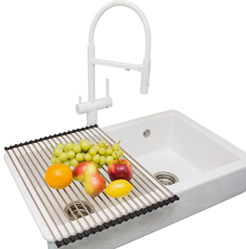 Roll-Up Dish Drying Rack 21"(L) x 16"(W) - Foldable Multipurpose Heat Resistant Large Stainless Steel Kitchen Rollup Dish Drainer Over Sink Mat - Silicone Coated Rims