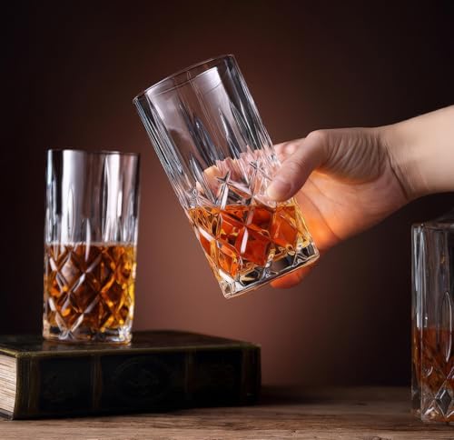 USNUANNU 6-Piece Crystal Highball and Collins Glasses Drinking Set – 15 oz Large Capacity, Elegant Crystal Glassware, Perfect for Multipurpose Use with Water, Coffee, Beer, Cocktails, and More