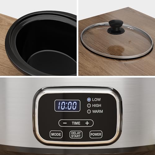SUNVIVIPRO 4QT Programmable Slow Cooker with Removable Ceramic Pot, Locking Lid, 3 Heating Settings & Timer, Dishwasher-Safe, Stainless Steel Silver