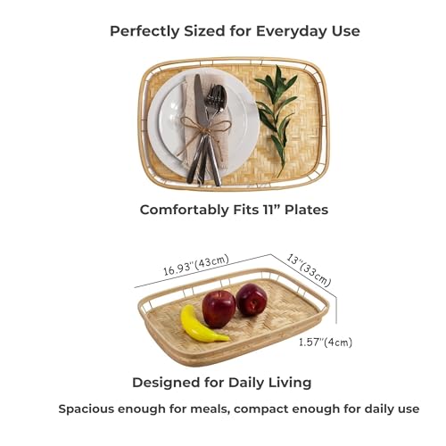 PEMAR Set of 4 Natural Bamboo Trays for Eating - Hand-Woven Handcrafted Rectangular Serving Trays with Handles - Unique Stackable Lap Trays for Dinner, TV Trays for Couch, Farmhouse Decor