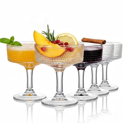 ZOOFOX Set of 6 Coupe Glasses, 7 oz Vintage Cocktail Coupe Glasses Set, Crystal Martini Glasses with Stem, Embossed Bar Drinking Glasses Set for Espresso Martini, Cosmopolitan, Manhattan, Gimlet