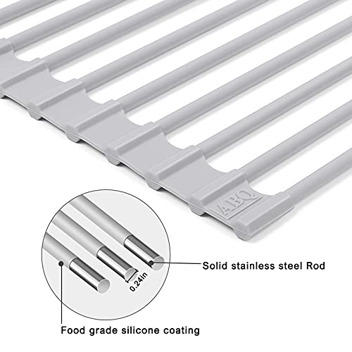 Roll Up Dish Drying Rack Over Sink, 17.5" x 13" Silicone Coated Stainless Steel Sink Drying Rack, Foldable Dish Drainer Rack for Kitchen Counter, Heat Resistant, Non-Slip, Space Saving, Gray