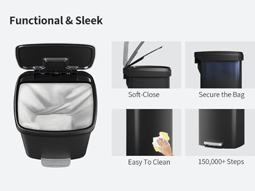 Garvee 13 gal / 50 L Plastic Trash Can with Lid, Large Garbage Can for Kitchen, Rustproof Step-on Kitchen Trash Bin with Liner Rim, Rear Handle, Soft Close Lid, Black