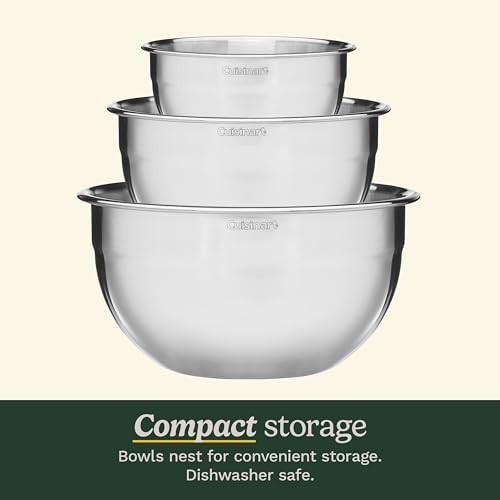 Cuisinart Mixing Bowl Set, Stainless Steel, 3‑Piece Nesting Bowls for Baking, Cooking & Food Prep, CTG-00-SMB