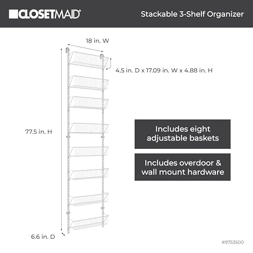 ClosetMaid 97535 Wall or Door Adjustable (8) Basket Organizer, 6.614-Inch D x 77.165-Inch H x 17.992-Inch W, White