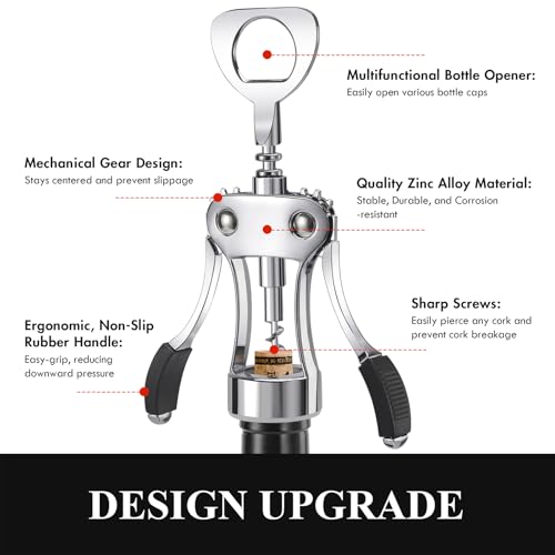 KORCCI Wine Opener, Heavy-Duty Zinc Alloy Wing Corkscrew, Premium Beer Bottle Opener, Multifunctional Wine Accessories with Ergonomic Handle and Sharp Screw, for Kitchen, Bar, Restaurant (SILVER)