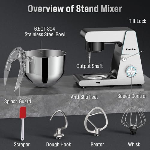 Kourice 6.5QT Tilt-Head Stand Mixer, Heavy Duty Pro 10-Speed Electric Mixer, Stainless Steel Cladding & Bowl with Dough Hook, Wire Whisk and Flat Beater for Home Baking, Bread, Cake, Pizza Dough