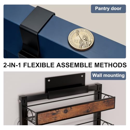8 Tier Pantry Door Organizer Spice Rack, 2-IN-1 Wall Mount or Hanging Over Door Seasoning Organizer with Adjustable Baskets, Heavy Duty Behind Door Storage Shelves for Pantry, Cabinet and Kitchen