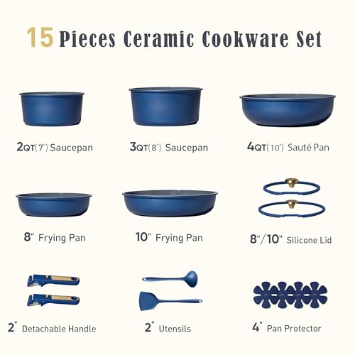 CAROTE Blue&Gold Ceramic Cookware Set Non Toxic, PFAS Free, 15Pcs Pots and Pans Set Non Stick Detachable/Removable Handle, Kitchen Cooking Set Dishwasher Safe, Nonstick Pot and Pan, Induction Cookware