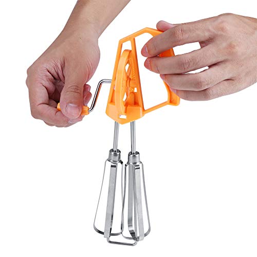 Jerliflyer Beaters hand crank,stainless steel manual mixer semi automatic push rotary whisk blender for quick rotation making cream（orange）