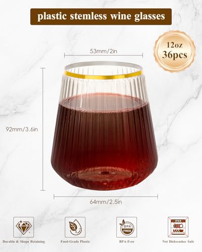 Goodluck 36 Pack 12oz Stemless Plastic Wine Glasses – Clear Ribbed Cups with Gold Rim, Fancy Reusable Disposable Drinkware for Weddings, Parties, Bars, Indoor and Outdoor Events