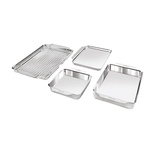 All-Clad Stainless Steel Baking Pans 5-Piece Set-Tri-ply Bonded for Consistent Baking- Includes Square and Rectangular Baking Pans, Baking Sheets, & Cooling Rack- Professional Stainless Steel Bakeware