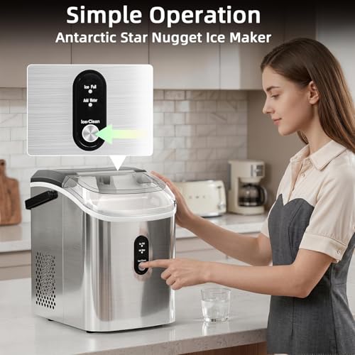 Nugget Countertop Ice Maker with Soft Chewable Ice, 35Lbs/24H, Pebble Portable Ice Machine with Ice Scoop, Self-Cleaning, One-Click Operation, for Kitchen,Office Stainless Steel Silver