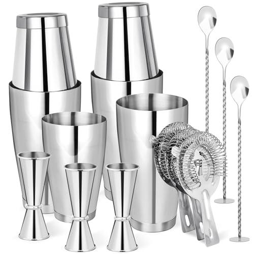 Mwellewm Cocktail Shaker Boston Shaker Set 15 Pcs Professional Bartender Kit Bar Shaker Stainless Steel Drink Shaker Bartending Martini Shaker Tin Mixed Alcohol Shaker Tool for Beginner(Silver)