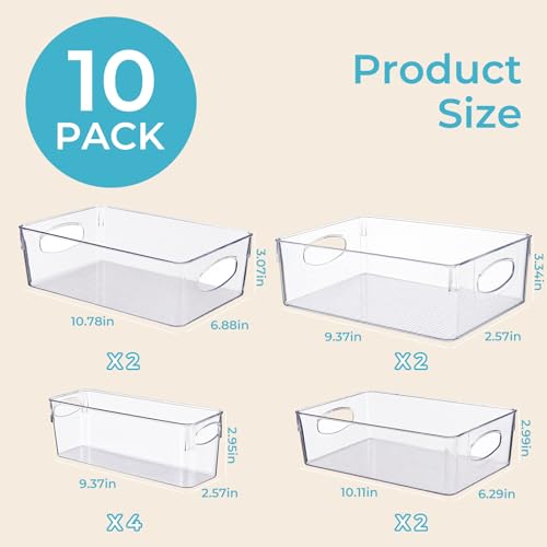 UFORU 10 Pack Clear Pantry Organizers and Storage, Stackable Plastic Storage Bins with Handles, Clear Storage Bins for Kitchen, Fridge, Freezer, Cabinet and Containers for Pantry Organization