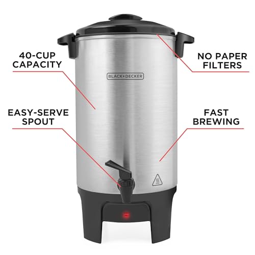 BLACK+DECKER 40 Cup Coffee Urn, Fast Brewing, Aluminum, Keep Warm Function, Heat Resistant Handles, Indicator Light