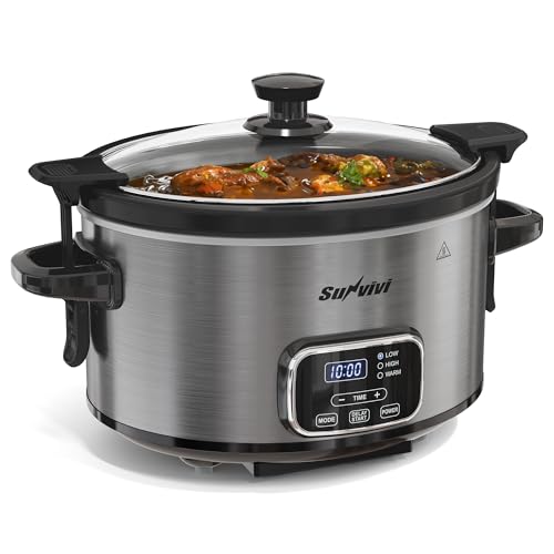 SUNVIVIPRO 4QT Programmable Slow Cooker with Locking Lid, Food Warmer with 3 Heating Settings & Adjustable Timer, Removable Ceramic Pot Dishwasher-Safe, Stainless Steel, Grey