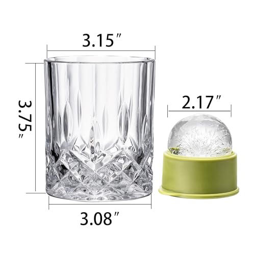 NORIMODA Whiskey Glasses Set of 4, 10oz Old Fashioned Bourbon Glasses with 4 Ice Ball Molds, Lead-free Rocks Glassware for Scotch, Liquor & Cocktails, Gift for Men