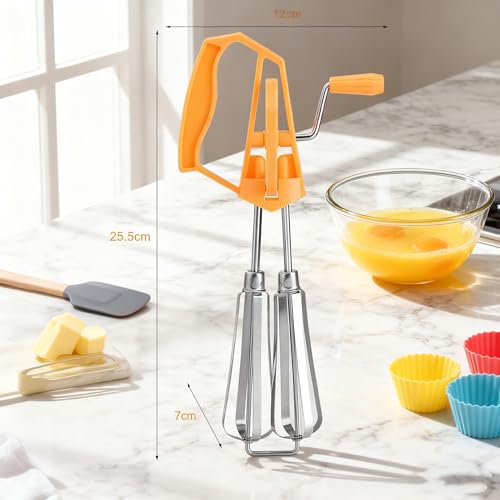 Jerliflyer Beaters hand crank,stainless steel manual mixer semi automatic push rotary whisk blender for quick rotation making cream（orange）