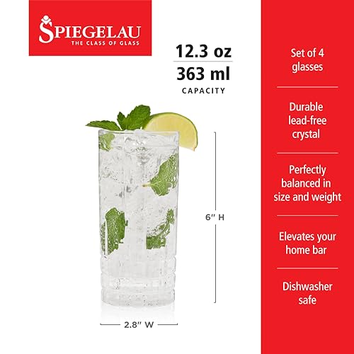 Spiegelau Perfect Serve Longdrink Glass Set of 4 - Highball Cocktail Glasses European-Made Crystal, Dishwasher Safe, Professional Quality Cocktail Glass Gift Set - 12.3 oz
