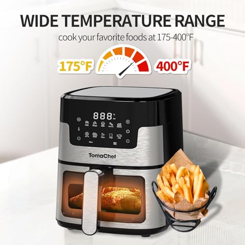 TomaChef Air Fryer 5.3QT with Visible Window, 10-in-1 Oil-Free Digital Cooker, Dishwasher Safe Basket, Healthy Cooking, Digital Control for Family (Black)