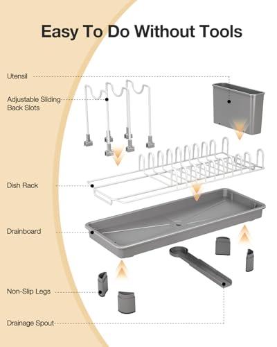 Nfnoyp Dish Rack, Carbon Steel Small Dish Drying Rack Rustproof for Kitchen Counter, Compact Space-Saving Dish Drainer with Adjustable Slots for Small Kitchens & Apartments, 16.5×6.5×7inch, Grey