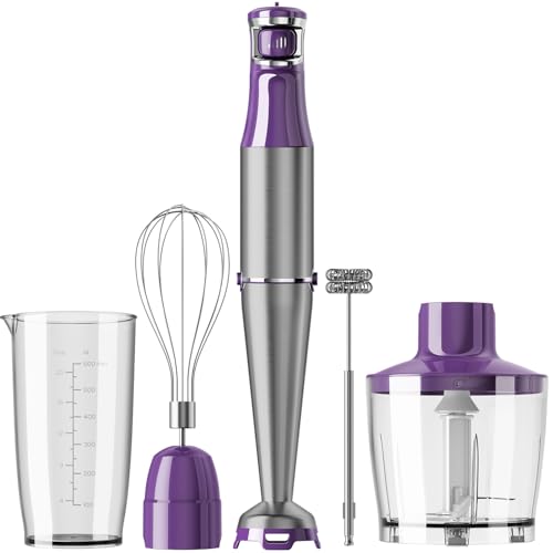 Turelar Immersion Blender Handheld Corded Hand Blenders Set 1100W, Trigger Variable Speed 5 in 1 Stick Emulsifier with Chopper, Whisk and Frother for Soup, Baby Food and Smoothies, Purple