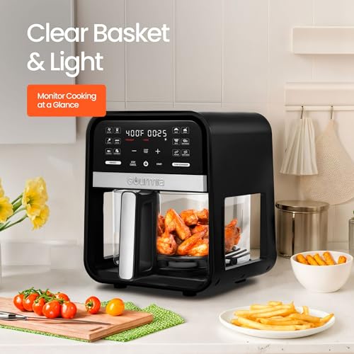 Gourmias 7-Quart Digital Air Fryer With Glass Basket, 12 One-Touch Presets, Oil-Free Crisp Technology, Touchscreen, Easy Clean, Large Family Capacity, Black