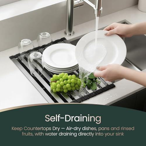 Meowoo Rectangle Dish Drying Rack, 15.7" x 13" Roll Up Over The Sink Dish Drainer Rack, Non-Slip Silicone Base, Stainless Steel Drying Rack for RV & Small Kitchen Sink, Black