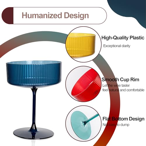 Ciaell 12PCS Plastic Ribbed Martini Glasses - 10 Oz Colored Disposable Coupe Glasses with Stem - Heavy Duty Margarita Cups for Bars, Cocktails, Whiskey, Parties & Wedding
