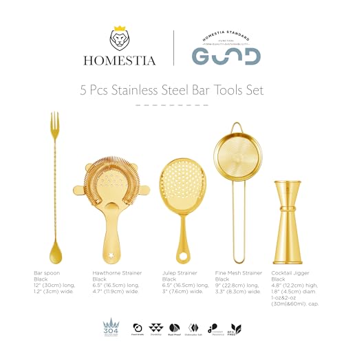 Homestia 5-Piece Gold Cocktail Strainer Set, Stainless Steel Hawthorne + Julep + Fine Mesh Strainers with Bar Spoon & Jigger, Professional Bartending Tools Bar Mixing Kit