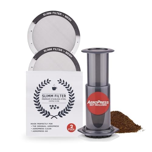 Reusable Filter Set by Slimm Filter - 2 Piece, Stainless Steel Metal - 2x Mesh Metal Filters For AeroPress Coffee & Espresso Maker, with Complimentary Recipe Book - Brew Barista-Grade Coffee At Home