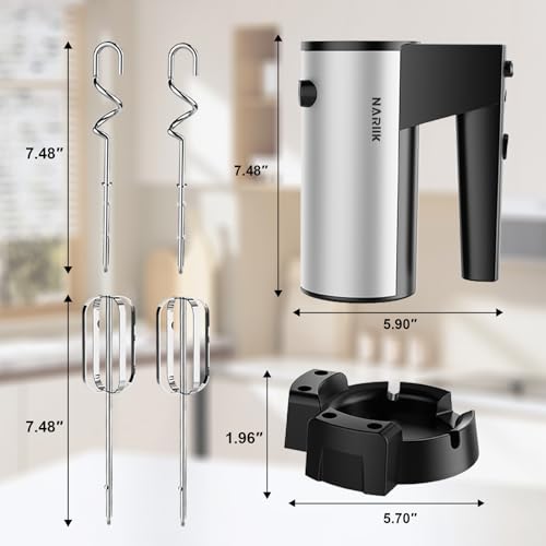 NARIIK Electric Hand Mixer, 660W Kitchen Handheld Mixer 5 Speed Self Control Whisk 304 Stainless Steel One Click Eject Dishwasher Safe Mixer for Cream Cookies Dough（Black）