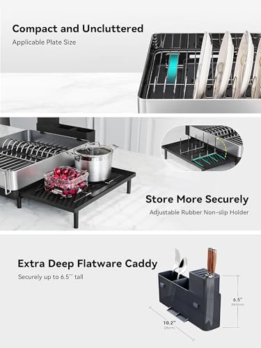 SUNLY Large Dish Drying Rack, Expandable Dish Racks for Kitchen Counter, Space Saving 304 Stainless Steel Drying Rack Kitchen, Extra Large Drainer with Multifunctional Flip Up Pegs, Black