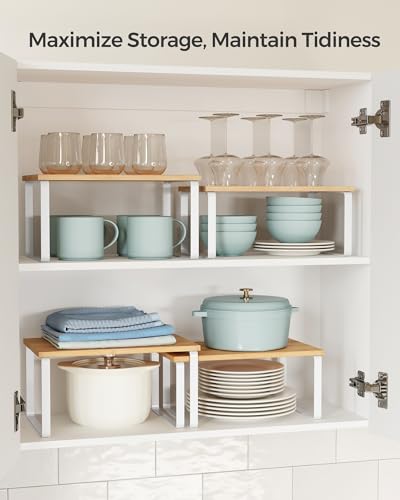 SONGMICS Cabinet Organizer Shelf, Set of 4 Kitchen Counter Shelves, Kitchen Storage, Spice Rack, Stackable, Expandable, Metal and Engineered Wood, Cloud White and Natural Beige UKCS010N01