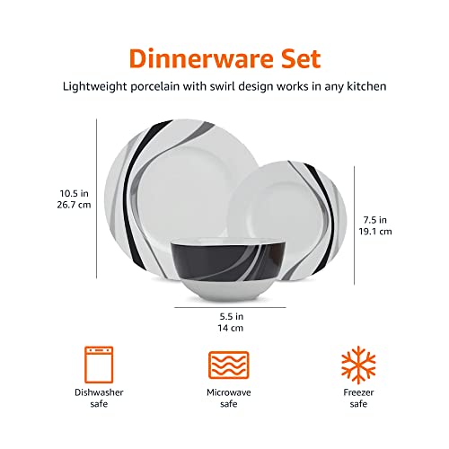 Amazon Basics 18-Piece Complete Kitchen Dinnerware Set, Microwave and Dishwasher Safe, Plates, Dishes, Bowls, Swirl, Heat Resistant, Service for 6, Everyday Use