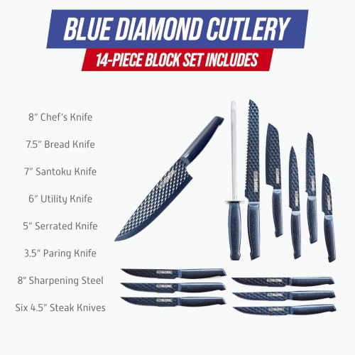 Blue Diamond Sharp Stone 14 Piece Knife Block Set, PFAS-Free Nonstick Diamond Textured Stainless Steel Blades, Rust Resistant Kitchen Cutlery, Chef & Steak Knives, Dishwasher Safe, Navy